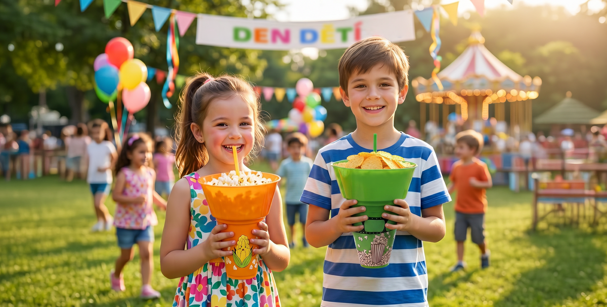 DEN DĚTÍ S POHÁRY NA POPCORN A JINÝMI DOBROTAMI